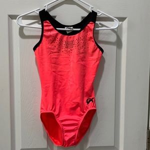 Coral and black sparkly GK leotard, adult XS